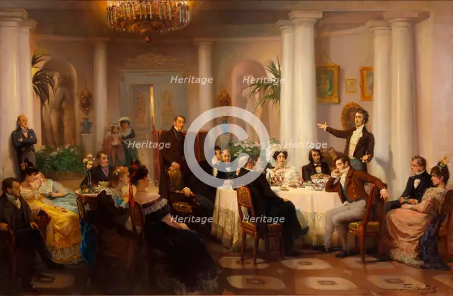 Pushkin and his friends listen to Adam Mickiewicz in the salon of Princess Zinaida Volkonskaya, 1899 Creator: Myasoedov, Grigori Grigoryevich (1834-1911).