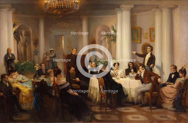 Pushkin and his friends listen to Adam Mickiewicz in the salon of Princess Zinaida Volkonskaya, 1899 Creator: Myasoedov, Grigori Grigoryevich (1834-1911).