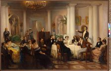 Pushkin and his friends listen to Adam Mickiewicz in the salon of Princess Zinaida Volkonskaya, 1899 Creator: Myasoedov, Grigori Grigoryevich (1834-1911)