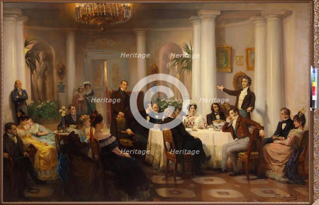 Pushkin and his friends listen to Adam Mickiewicz in the salon of Princess Zinaida Volkonskaya, 1899 Creator: Myasoedov, Grigori Grigoryevich (1834-1911).