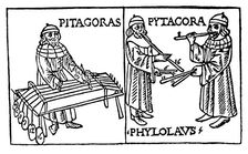 Pythagoras (560-480 BC), Greek philosopher and scientist, demonstrating mathematical relationships