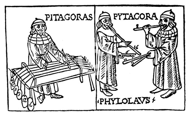 Pythagoras (560-480 BC), Greek philosopher and scientist, demonstrating mathematical relationships. Artist: Unknown