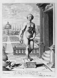 Pygmalion is enamoured with a statue he has made, 1655. Creator: Unknown