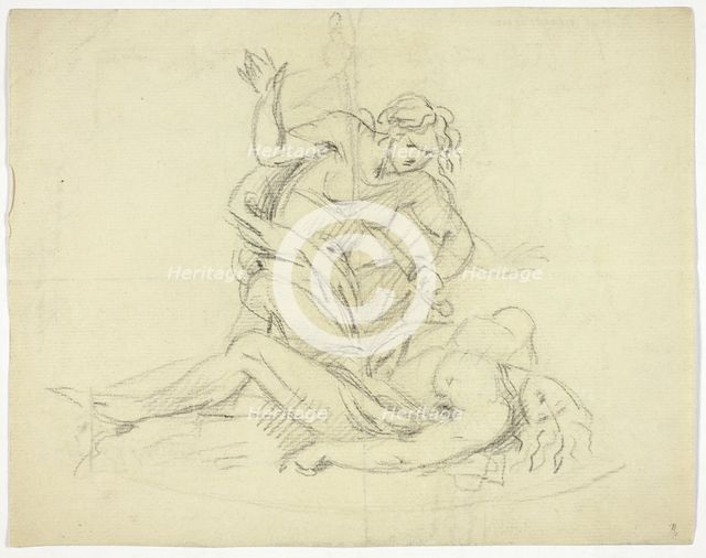 Pyramus and Thisbe (recto); Three Male Figures with Mausoleum Floor Plan (verso)..., 19th... Creator: Thomas Banks.