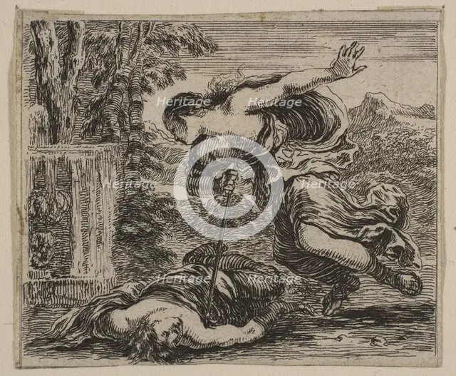 Pyramus et Thisbe, from 'Game of Mythology' (Jeu de la Mythologie), 1644. Creator: Stefano della Bella.