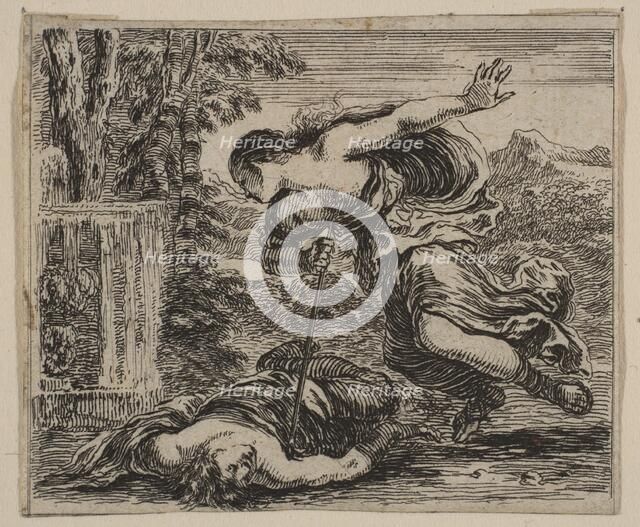 Pyramus et Thisbe, from 'Game of Mythology' (Jeu de la Mythologie), 1644. Creator: Stefano della Bella.