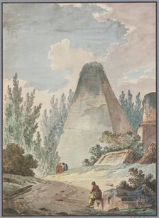 Pyramid with a broken point in an ancient ruined landscape, late 18th century. Creator: Hubert Robert