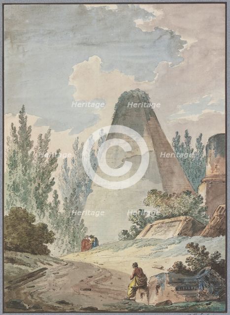 Pyramid with a broken point in an ancient ruined landscape, late 18th century. Creator: Hubert Robert.