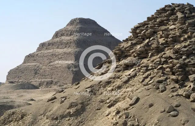 Pyramid of Userkaf (built c2490 BC) with the Djoser Pyramid in the background, Egypt, 2003. Creator: Unknown.