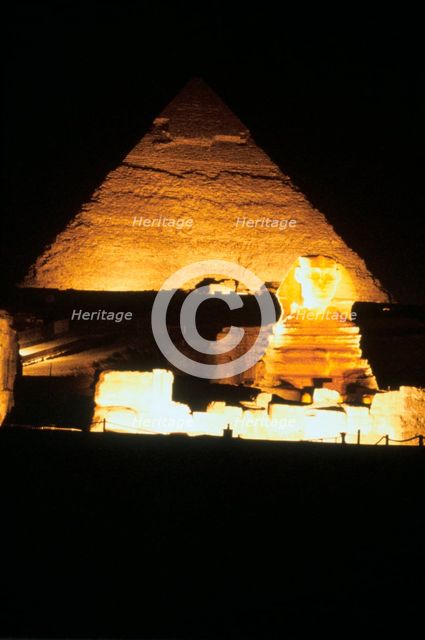 Pyramid of Khafre and the Great Sphinx at night, Gizeh, Egypt. Artist: Unknown