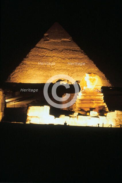 Pyramid of Khafre and the Great Sphinx at night, Gizeh, Egypt. Artist: Unknown