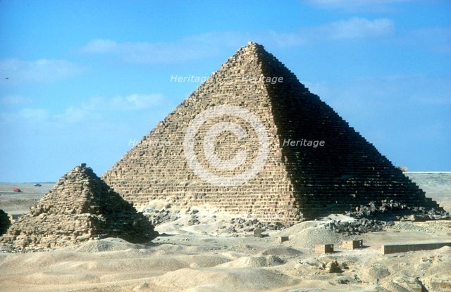 Pyramid of Mycerinus and one of the small pyramids of his queens, Giza, Egypt, c26th century BC. Artist: Unknown