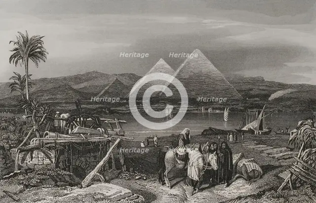 Pyramids from the banks of the Nile, Egypt, 1840.  Creator: Émile Rouargue.