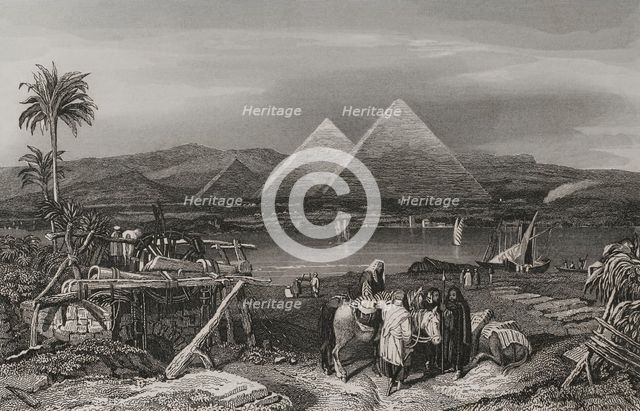 Pyramids from the banks of the Nile, Egypt, 1840.  Creator: Émile Rouargue.