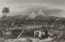 Pyramids from the banks of the Nile, Egypt, 1840. Creator: Émile Rouargue