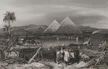 Pyramids from the banks of the Nile, Egypt, 1840. Creator: Émile Rouargue