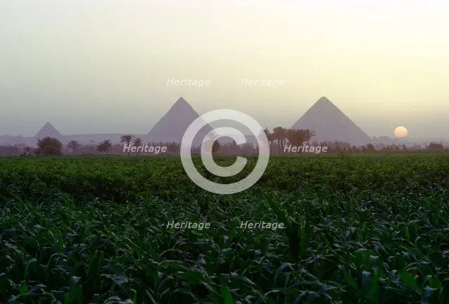 Pyramids of Giza at sunset, Egypt. Creator: Dr Stephen Coyne.