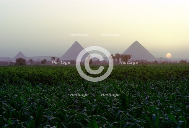 Pyramids of Giza at sunset, Egypt. Creator: Dr Stephen Coyne.