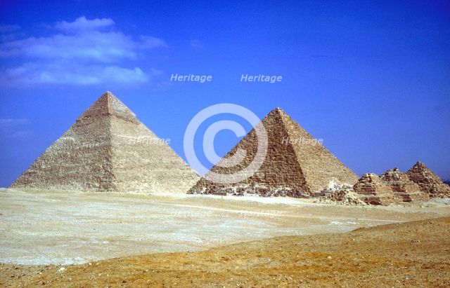 Pyramids of Khafre, Mycerinus & three pyramids of his Queens, 4th Dynasty, Giza, c2600-c2500 BC. Artist: Unknown