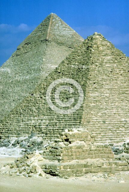 Pyramids of Khafre on left and of Mycerinus on right, Giza, Egypt, c26th century BC. Artist: Unknown