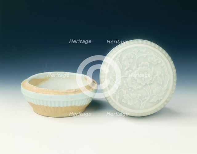 Qingbai box with moulded peonies, Yuan dynasty, China, 1279-1368. Creator: Unknown.
