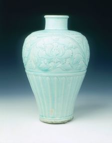 Qingbai meiping vase with carved peonies, Yuan dynasty, China, late 13th-early 14th century. Creator: Unknown