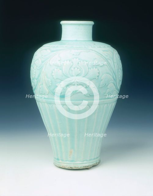 Qingbai meiping vase with carved peonies, Yuan dynasty, China, late 13th-early 14th century. Creator: Unknown.