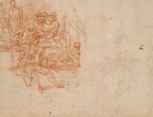 Quack Doctor seated on Stage, selling Wares, with four Figures and a Monkey, c1700-1720.. Artist: Jean-Antoine Watteau