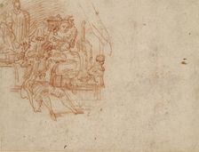 Quack Doctor seated on Stage, selling Wares, with four Figures and a Monkey, c1700-1720.. Artist: Jean-Antoine Watteau