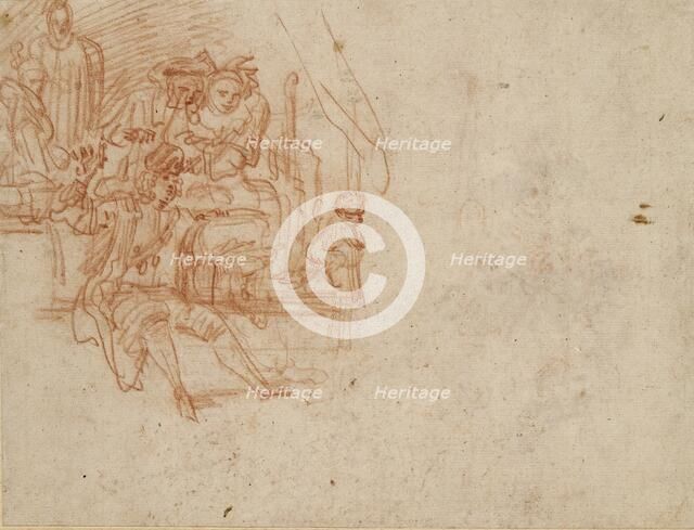 Quack Doctor seated on Stage, selling Wares, with four Figures and a Monkey, c1700-1720.. Artist: Jean-Antoine Watteau.