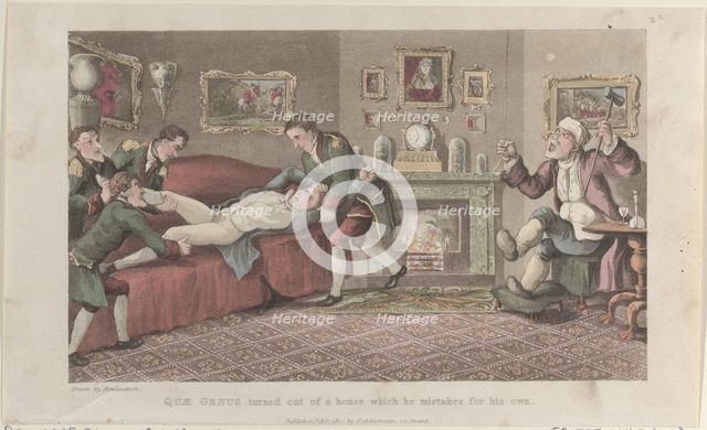 Quae Genus Turned out of a House Which He Mistakes for His Own, from "The Hist..., February 1, 1822. Creator: Thomas Rowlandson.