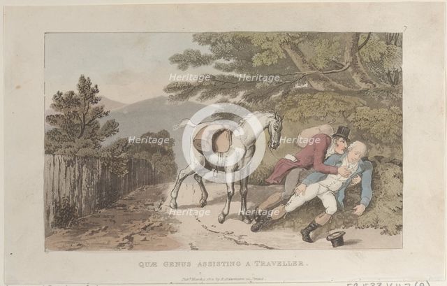 Quae Genus Assisting a Traveler, from "The History of Johnny Quae Genus, The Litt..., March 1, 1822. Creator: Thomas Rowlandson.