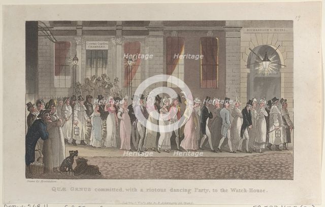 Quae Genus Committed, with a Riotous Dancing Party, to the Watch-House, from "..., November 1, 1821. Creator: Thomas Rowlandson.
