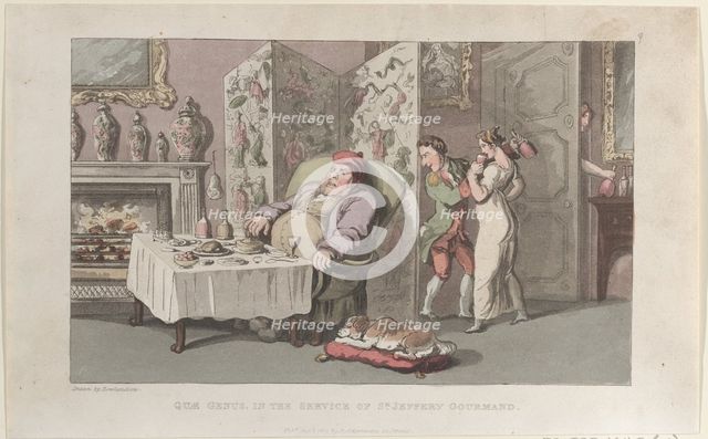 Quae Genus, in the Service of Sr. Jeffery Gourmand, from "The History of Johnny ..., August 1, 1821. Creator: Thomas Rowlandson.