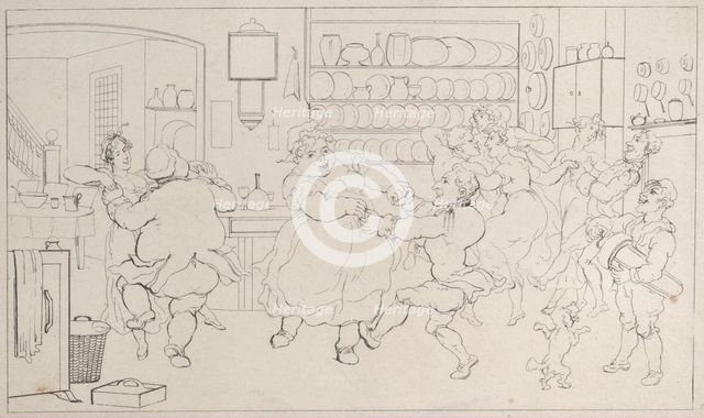 Quae Genus in the Sports of the Kitchen, from "The History of Johnny Quoe Genus: the Littl..., 1822. Creator: Thomas Rowlandson.
