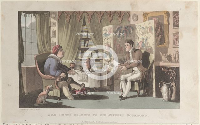 Quae Genus Reading to Sir Jeffery Gourmand, from "The History of Johnny Quae Genu..., March 1, 1822. Creator: Thomas Rowlandson.