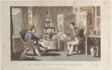 Quae Genus Reading to Sir Jeffery Gourmand, from "The History of Johnny Quae Genu..., March 1, 1822. Creator: Thomas Rowlandson