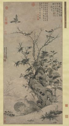 Quails and Sparrows in an Autumn Scene, 1347. Creator: Wang Yuan (Chinese, c. 1299-after 1366)