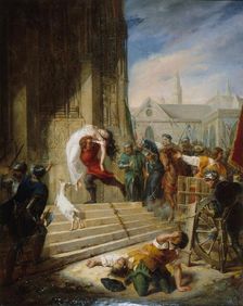 Quasimodo sauvant la Esmeralda des mains de ses bourreaux, 1832. Creator: Eugenie Henry