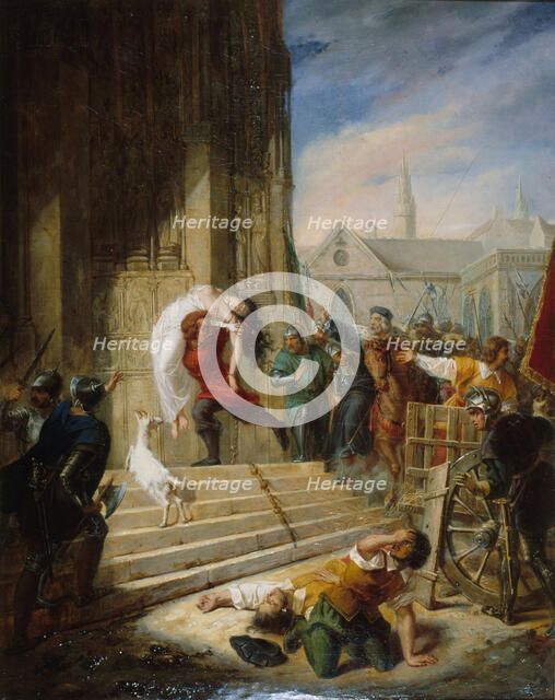 Quasimodo sauvant la Esmeralda des mains de ses bourreaux, 1832. Creator: Eugenie Henry.