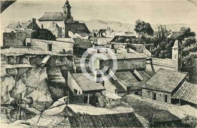 Quarry in Alt-Matzleinsdorf, with the parish church of St Florian in Vienna, 1814-1815, (1943). Creator: Ferdinand Olivier.