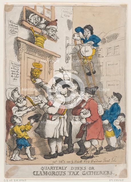 Quarterly Dunns, or Clamorous Tax Gatherers, February 3, 1805., February 3, 1805. Creator: Thomas Rowlandson.