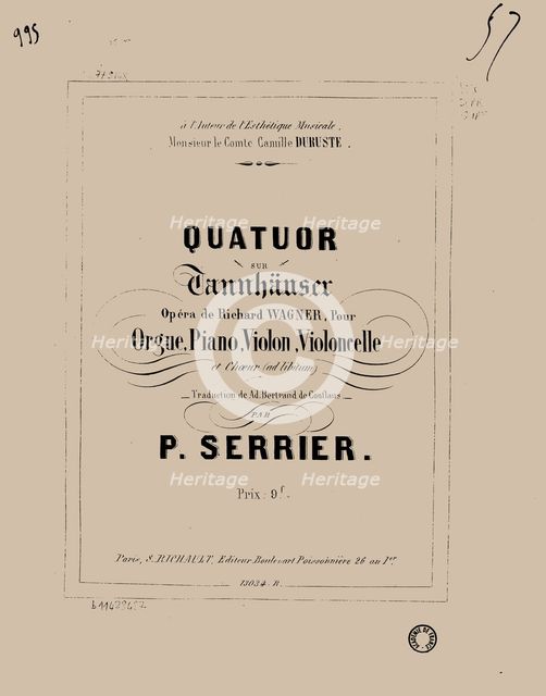 Quatuor sur Tannhäuser de Richard Wagner pour orgue, piano, violon, violoncelle et choeur, 1857.