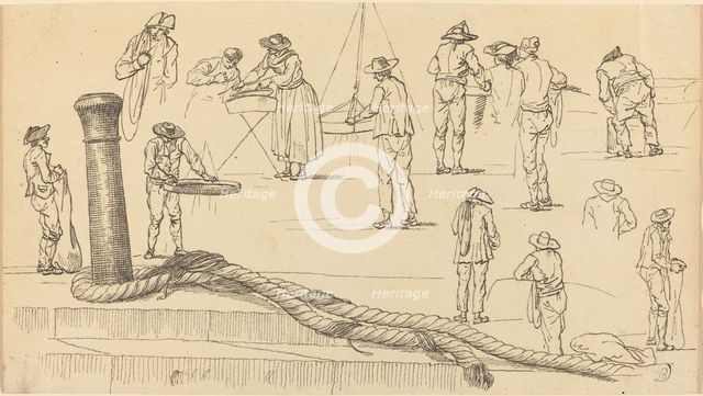 Quayside Figures and a Length of Rope Attached to a Bollard. Creator: Claude-Joseph Vernet.