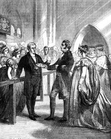 Queen Caroline (1768-1821) being turned away from Westminster Abbey, 1820 (c1895)