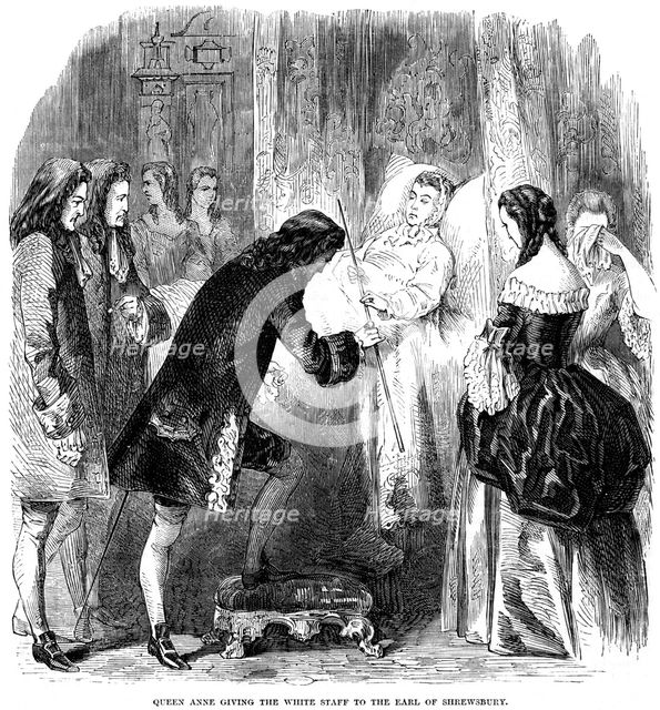 Queen Anne (1665-1714) handing over the white staff to the Earl of Shrewsbury, c1714. Artist: Unknown