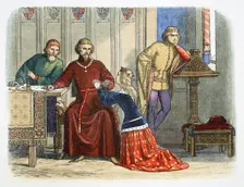 Queen Anne intercedes with Gloucester and Arundel for Sir Simon de Burley, 1388 (1864). Creator: James William Edmund Doyle