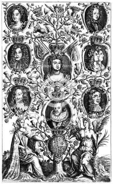 Queen Anne's (1665-1714) family tree. Artist: Unknown
