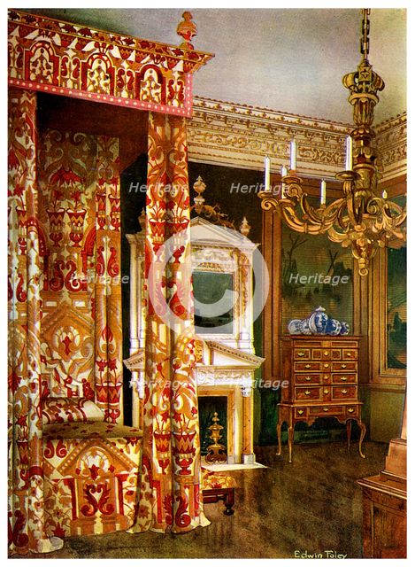 Queen Anne's bed, chest of drawers upon a stand and a wooden candelabra, 1910.Artist: Edwin Foley