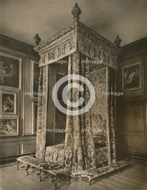 'Queen Anne's State Bedstead in Crimson and Gold Figured Velvet', 1927. Artists: Edward F Strange, Unknown.